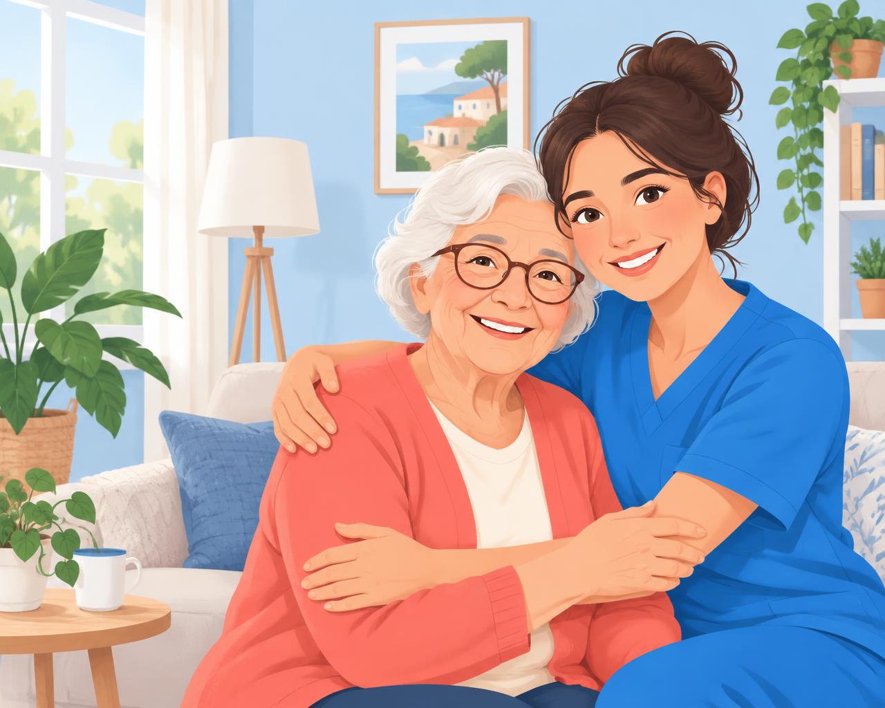 Illustration d'une dame âgée et d'une jeune femme souriantes dans un salon